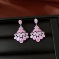 Detailed macro view of elegant luxury vintage teardrop earrings with pink zircon stones - Silver-Pink Style (HE34194) / Pink