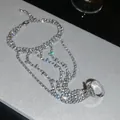Elegante pulsera de mano con pedrería plateada y detalle de anillo ajustable para mujer - 47# Pulsera