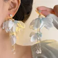 Close-up detail of elegant light blue fabric flower tassel earrings with pearls and crystals - Blue