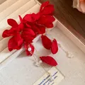 Elegant red fabric flower earrings with long pearl and crystal tassels for women - Red