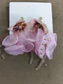Handmade sweet pink chiffon flower fringe earrings with delicate embroidery and beads - Silver Earring Post Style / Pink