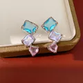 Elegante Zirkonia-Ohrstecker im französischen Stil mit bunten Herz- und Quadratformen - Silber - Regenbogen