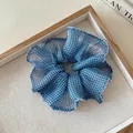 Detailed view of blue and white gingham ruffled chiffon scrunchie with lace trim - Blue Plaid