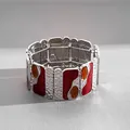 Detail of vintage red enamel metal elastic bracelet with hammered silver texture - Square Patchwork Elastic Bracelet / Silver-Red