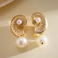 Elegant gold metallic seashell stud earrings with white pearls for beach vacation style - Silver Needle / Gold