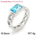 Elegant silver stainless steel ring with a rectangular blue crystal and Cuban link band - Size 5 / 50 Yards / Steel Light Blue