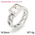 Silver stainless steel Cuban chain ring with large rectangular clear zircon - Steel White