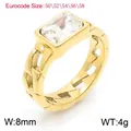 Elegant gold plated stainless steel Cuban link ring with large rectangular zircon stone - Gold White