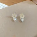 Elegant silver needle stud earrings featuring cream flowers and heart-shaped crystal drops - Flower Heart Style (2#)