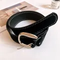 Black suede leather belt with silver buckle and white zigzag stitching details for women. - Pin Buckle Style / Black