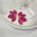Vista ravvicinata dei raffinati orecchini a lobo con cristalli fucsia e finitura oro - Oro-Rosa Rosso