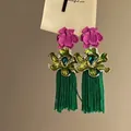 Elegant green floral tassel drop earrings with silver needle for women’s fashion - Chiffon Flower Tassel (1#)