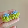 Detailed view of handmade green and blue beaded flower earrings with silver needles - Handwoven Flower Cluster (5#)