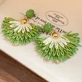 Handmade green and white woven fan-shaped floral stud earrings with gold accents - Fan-Shaped Woven Stud (37#)