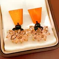 Detailed view of vintage ethnic earrings with orange wood and glass bead clusters. - Coffee-Black-Pink