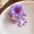 Close-up of elegant purple fabric flower hair clip with delicate pearl tassel accents - Duckbill Hair Clips / 1 Piece / Purple