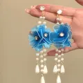 Elegant blue fabric flower earrings with long pearl tassels and sparkling zircons style - Silver Earring Post-Blue
