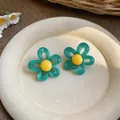 Boucles d'oreilles fleurs bleu canard et jaune bijoux d'été doux - Vert-Jaune