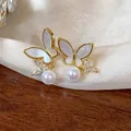 Close-up of 14k gold plated butterfly stud earrings with dangling pearls and zircons - Single Pearl Butterfly Stud (6#) / Gold