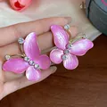 Elegant pink enamel butterfly stud earrings with sparkling cubic zirconia for women - Butterfly Style (Alloy) / Silver Needle / Gold/Pink