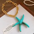 Retro turquoise starfish pendant necklace with a thick chunky gold-tone chain for beach - Star (HN11845) / Green