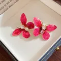 Elegant pink enamel butterfly stud earrings with sparkling zircons and silver needles. - Butterfly Style (Copper) / Silver Needle / Gold/Pink