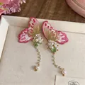 Handcrafted embroidered pink butterfly drop earrings with elegant pearls and silver needles - Silver Earring Post - Gold - Pink