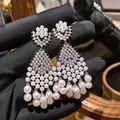 Ripresa macro dettagliata di orecchini vintage a lampadario con zirconi e perle. - Argento & Bianco