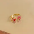 Detailed view of adjustable gold-plated ring with red strawberry and pink flower motifs - Strawberry Pink Flower Open Ring / Adjustable Open / Gold-Red-Pink