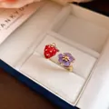 Exquisite adjustable gold-toned ring featuring a red strawberry and purple flower charm - Strawberry Purple Flower Open Ring / Adjustable Open / Gold-Red-Purple