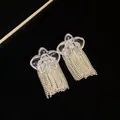 Dettaglio di orecchini a nappa argentati con fiori in resina trasparente e zircone. - Stile Catena Lunga Con Frange / Argento