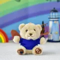 Cute mini teddy bear plush keychain wearing blue t-shirt with I FLY embroidery - Bead Chain Style / 12cm High / Blue