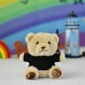 Beige plush teddy bear keychain wearing black t-shirt with I love Fly embroidery - Bead Chain Style / 12cm High / Black