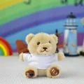 Cute brown teddy bear plush keychain wearing white t-shirt with heart embroidery detail - Bead Chain Style / 12cm High / White