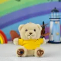 Small cream plush teddy bear keychain wearing a bright yellow t-shirt, cute backpack ornament - Bead Chain Style / 12cm High / Yellow