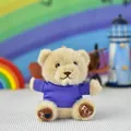Cute beige plush teddy bear wearing a purple t-shirt with I Love Fly paw embroidery - Bead Chain Style / 12cm High / Purple