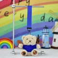 Cute teddy bear plush keychain wearing a blue shirt with I FLY embroidery detail - Pendant Only / 12cm High / Blue