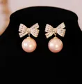 Elegant pink pearl drop earrings with zircon-encrusted bow knot design for women - Gold Bowknot Pearl Earrings (HE32345) / Pink
