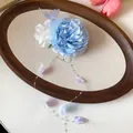 Elegante molletta per capelli con fiori in tessuto bianco e blu e nappine pendenti per donna - Becco d'Anatra (4#)