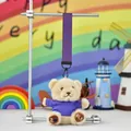 Cuddly beige teddy bear plush keychain with purple shirt and matching fabric strap - Pendant Only / 12cm High / Purple