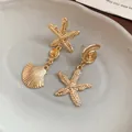 Detailed texture of gold starfish and seashell asymmetrical drop earrings set - Asymmetric Ocean Starfish Shell Pendant (27#)