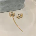 Ensemble de bagues d'oreille papillon dorées avec émail bleu et long pompon à chaîne - Clip d'oreille-Or-Bleu