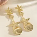 Elegant gold starfish and seashell dangle earrings with a vintage bohemian aesthetic - Bohemian Ocean Multi-Element Patchwork (33#)