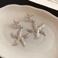 Silver-tone textured starfish dangle earrings with S925 silver needles for a beachy vibe - Silver Starfish Double-Layer Drop Style (30#)