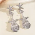 Elegant silver starfish and seashell dangle earrings with sparkling pave zircon accents - Ocean Series Tandem Pendant Style (34#)