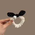 Elegant handmade fabric hair scrunchie with lace edge white pearl and polka dot bow accent - Hair Tie Bowknot Style / Off-White/Black