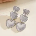 Elegant silver tiered heart drop earrings with vintage grid textured pattern finish for women - Silver Three-Layer Grid Heart Drop (57#)