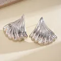 Vintage silver fan-shaped pleated stud earrings for women with high-end luster - Silver Fan Shell Pleated Style (53#)