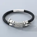 Punk braided leather bracelet in black with silver stainless steel nail head for men. - Nail Head Style (KB211225-KFC) / Steel