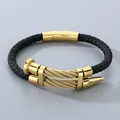 Punk style braided leather bracelet for men featuring a golden stainless steel nail-head - Nail Head Style (KB211224-KFC) / Gold